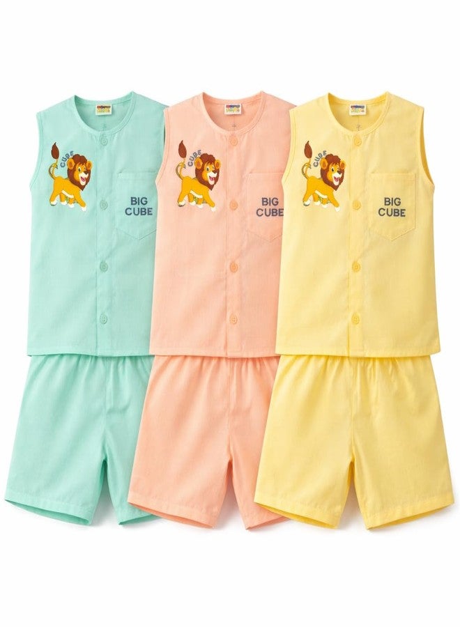GIGAHERTZ Baby Cotton Jhabla Set for Boys & Girls (0–1 Years) | Sleeveless Shirt & Shorts Combo | Soft Breathable Summer Wear Infant Clothing | Newborn Dress Set (ORG/GRN/YLW, 0-3M) - Image 1
