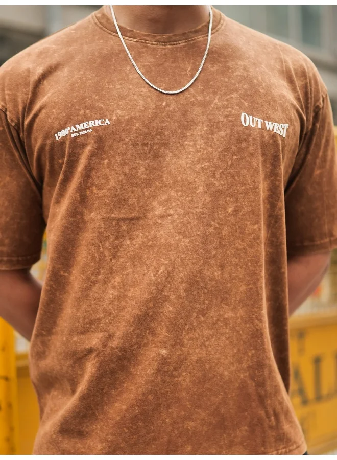 Maniac Maniac Mens Out West Optic Wash Round Neck 3/4th Sleeve Brown Cotton T-Shirt