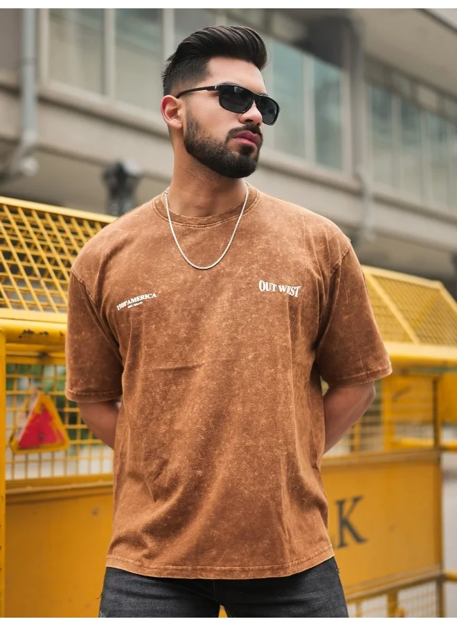 Maniac Maniac Mens Out West Optic Wash Round Neck 3/4th Sleeve Brown Cotton T-Shirt
