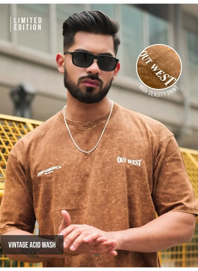 Maniac Maniac Mens Out West Optic Wash Round Neck 3/4th Sleeve Brown Cotton T-Shirt