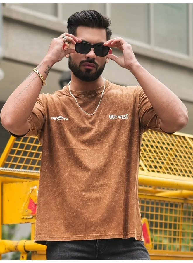 Maniac Maniac Mens Out West Optic Wash Round Neck 3/4th Sleeve Brown Cotton T-Shirt