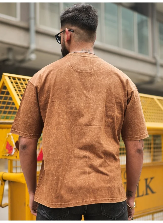 Maniac Maniac Mens Out West Optic Wash Round Neck 3/4th Sleeve Brown Cotton T-Shirt