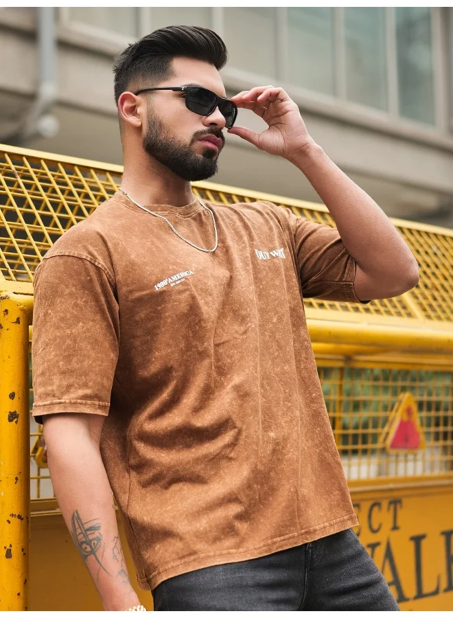 Maniac Maniac Mens Out West Optic Wash Round Neck 3/4th Sleeve Brown Cotton T-Shirt