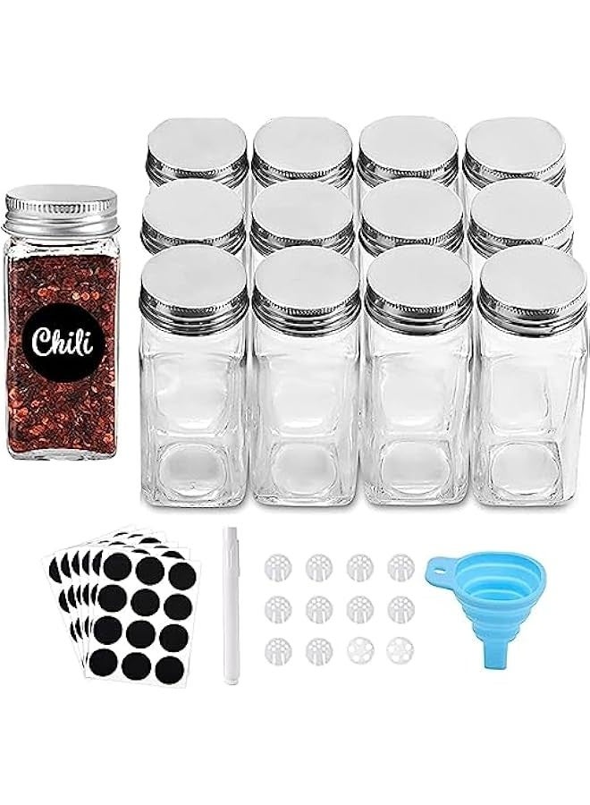 TRASSLE 12-Piece Glass Spice Jar Set with Label Stickers, 120ml/4oz Spice Container with Metal Cap & Pour Filter, Mark Pen/Silicone Collapsible Funnel Included  - Image 1
