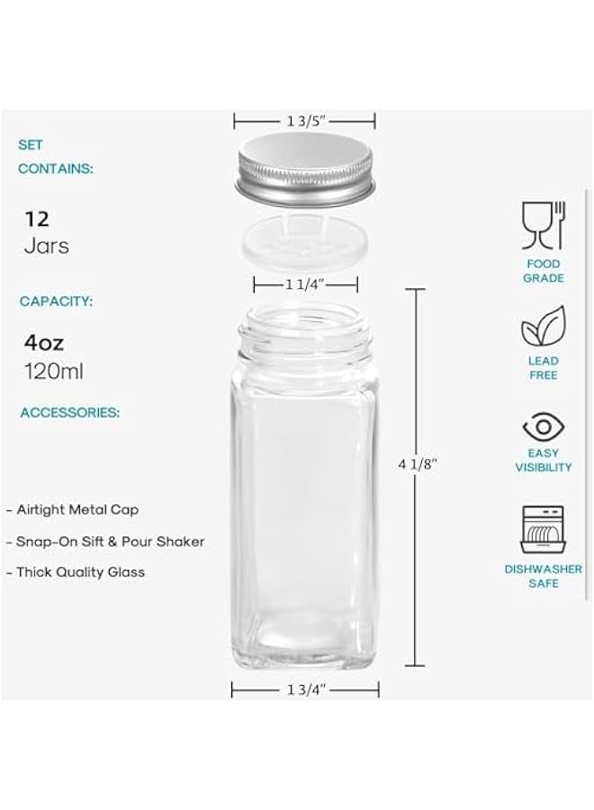 TRASSLE 12-Piece Glass Spice Jar Set with Label Stickers, 120ml/4oz Spice Container with Metal Cap & Pour Filter, Mark Pen/Silicone Collapsible Funnel Included  - Image 2