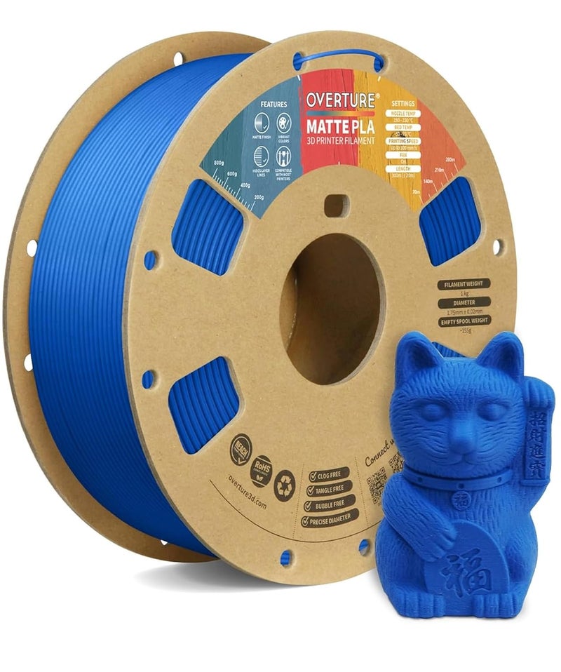 OVERTURE Matte PLA 3D Printer Filament 1.75mm, Matt Surface & Low Warping Filament 1kg Spool (2.2 lbs), Accuracy +/- 0.02 mm, Fit Most FDM Printers (Matte Blue) - Image 1