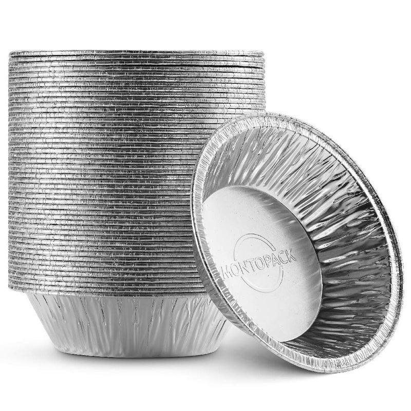 MontoPack Disposable 5 Aluminum Foil PieTart Pan 50 Pack  5 Inch Round Cake Pan for Baking Personal Mini Pies Homemade Cakes  Quiche  Oven Safe Foil Tins Easily Stack  Store Freeze  Reheat