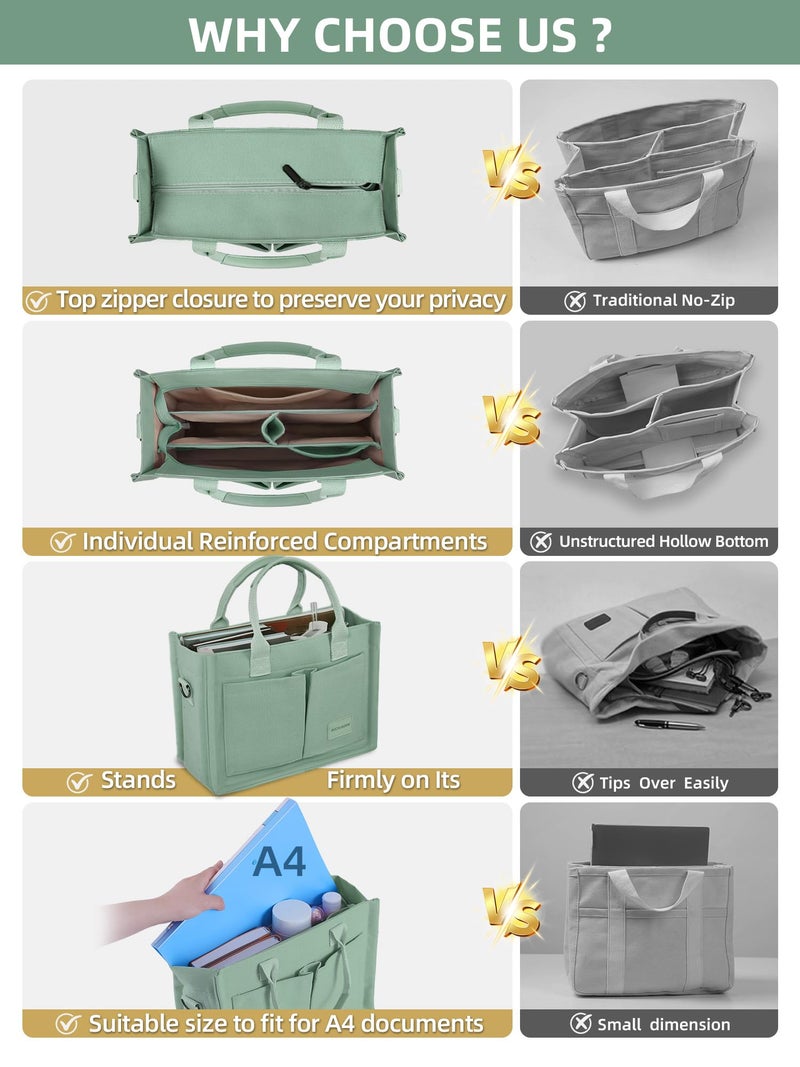 BECOJADDE Canvas Tote Bag Purse for Women with Zipper Closure, Individual Compartments, Detachable Strap & Bottom Support, Ideal for Work, School, Travel, Daily, College, Bible Green Medium - Image 2