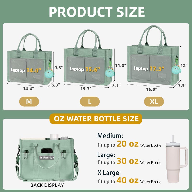 BECOJADDE Canvas Tote Bag Purse for Women with Zipper Closure, Individual Compartments, Detachable Strap & Bottom Support, Ideal for Work, School, Travel, Daily, College, Bible Green Medium - Image 3
