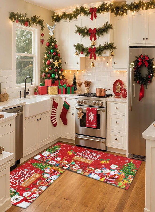 wyoansfhd Christmas Kitchen Mats Set of 2, Merry Christmas and Happy New Year Home Kitchen Decoration Non-Slip Floor Mat Sets, Entryway & Holiday Rugs, Washable Microfiber Kitchen Carpet 17x30 + 17x47 Inch - Image 5