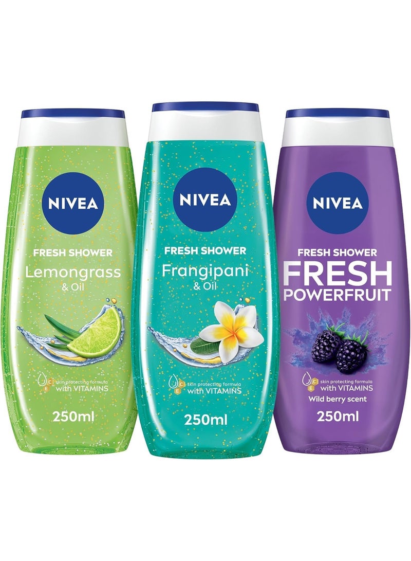Nivea جل استحمام بالليمون العشبي والزيت، 250 مل + جل استحمام فريش باورفروت 250 مل + جل استحمام فرانجيباني والزيت، 250 مل - Image 1