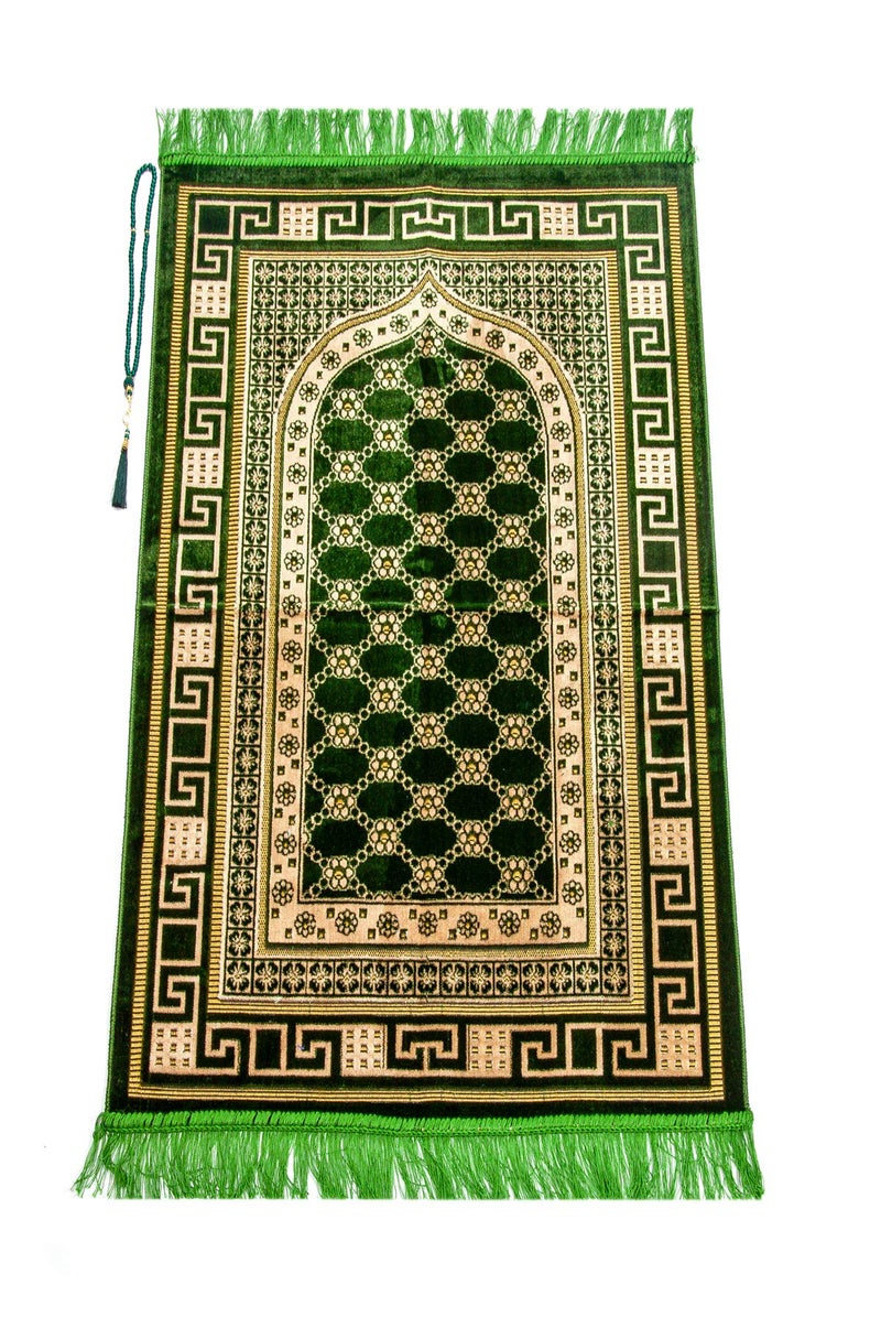ihvan online Luxury Velvet Muslim Prayer Rug with Prayer Beads  Janamaz  Sajadah  Soft Islamic Prayer Rug  Islamic Gifts  Prayer Carpet Mat Velvet Fabric Light Green