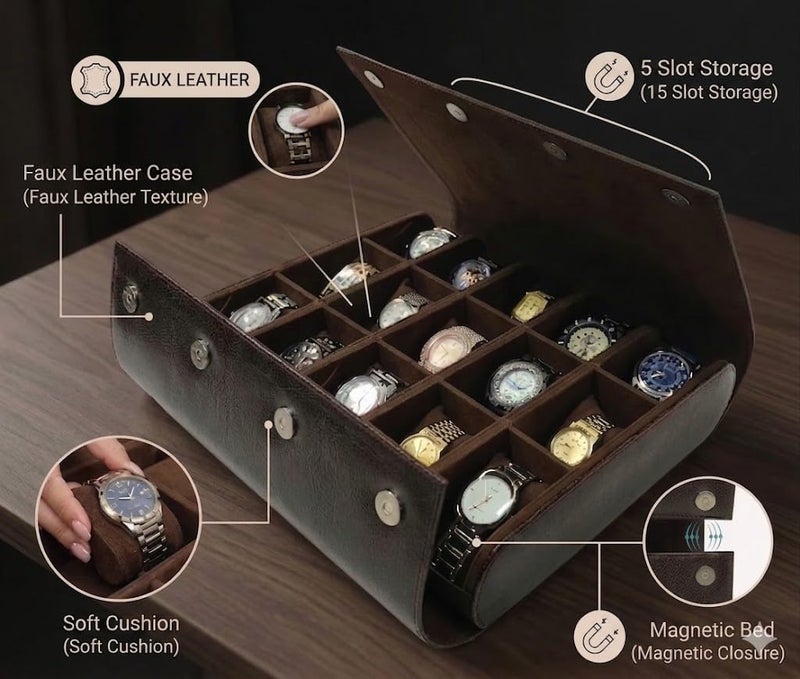 essart Premium 15-Slot Watch Roll Case – Elegant Leather Travel Watch Organizer & Collector Display Box - Image 3