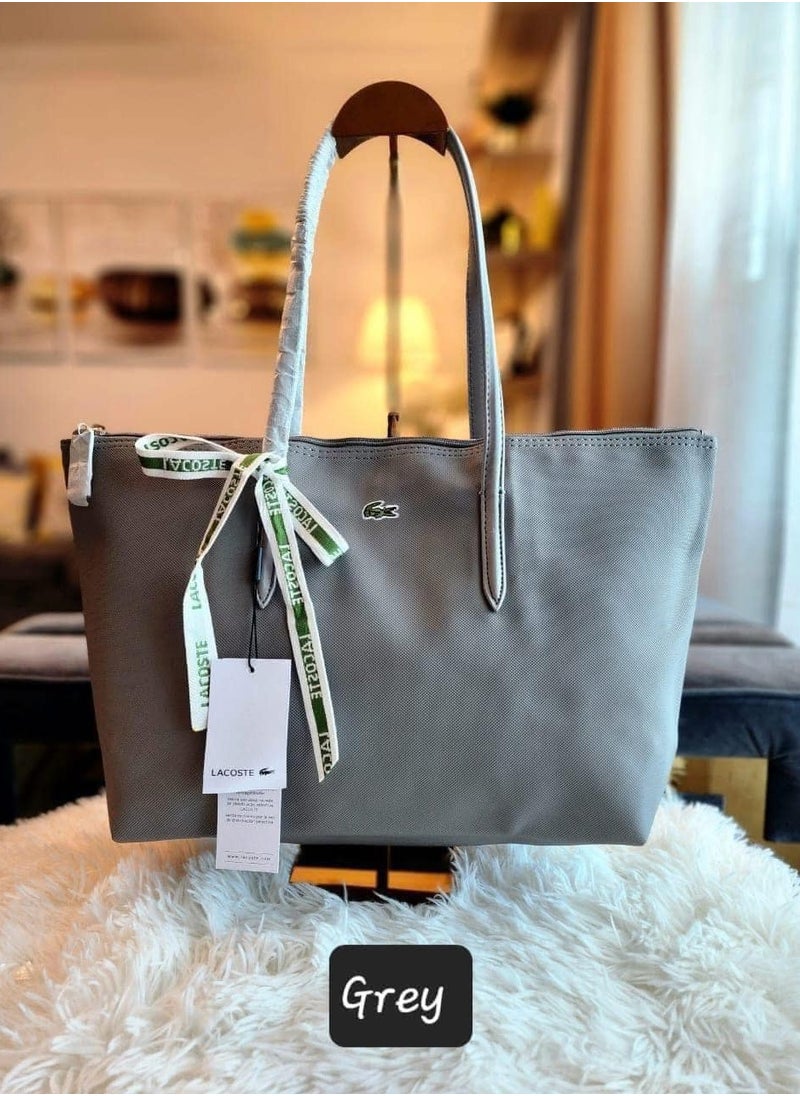 LACOSTE Lacoste Premium Grey Tote Bag 45x30x12cm - Ash Grey Color, Spacious Work Bag Free Saudi Delivery Faux Leather ﻿  - Image 1