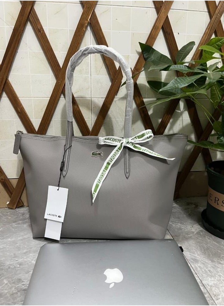 LACOSTE Lacoste Premium Grey Tote Bag 45x30x12cm - Ash Grey Color, Spacious Work Bag Free Saudi Delivery Faux Leather ﻿  - Image 5