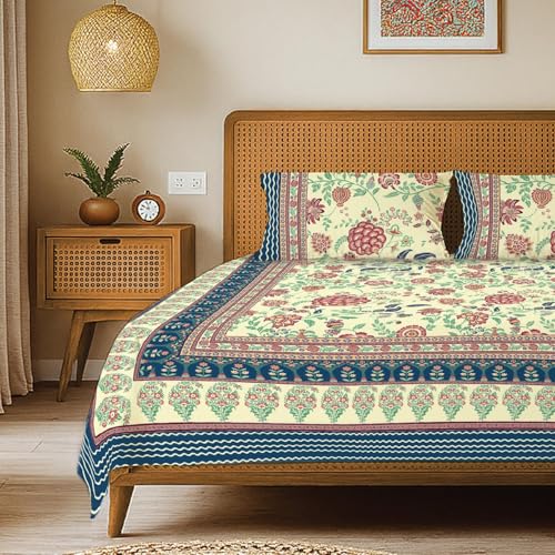 Urban Space 100% Cotton Jaipuri Handblock Premium Printed King Size Bedsheet with 2 Pillow Covers, 240 TC Cotton King Bedsheet (108 x 108 Inches, Gulbagh Navy) - Image 1