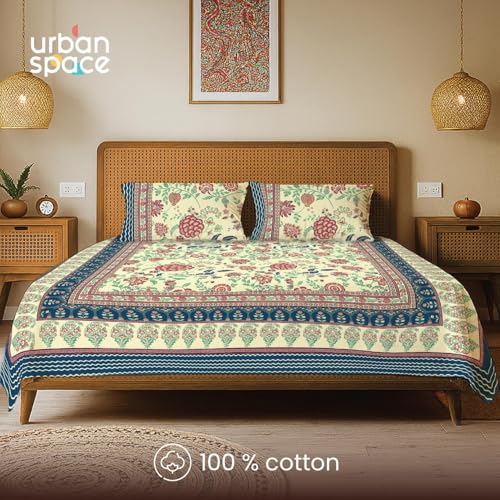 Urban Space 100% Cotton Jaipuri Handblock Premium Printed King Size Bedsheet with 2 Pillow Covers, 240 TC Cotton King Bedsheet (108 x 108 Inches, Gulbagh Navy) - Image 2