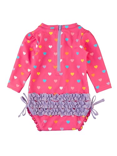 RuffleButts Baby Girls UPF 50 Sun Protection Polka Dot Long Sleeve One Piece Rash Guard Swimsuit with Zipper Colorful Hearts 1218m - Image 3