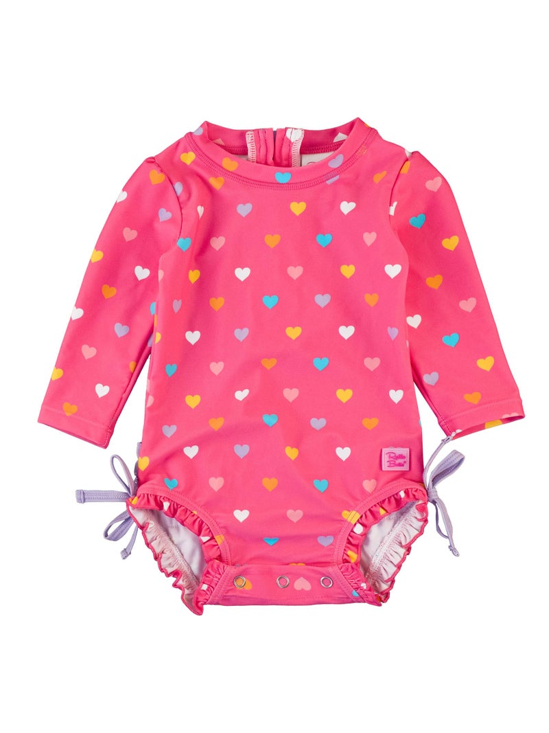 RuffleButts Baby Girls UPF 50 Sun Protection Polka Dot Long Sleeve One Piece Rash Guard Swimsuit with Zipper Colorful Hearts 1218m - Image 2
