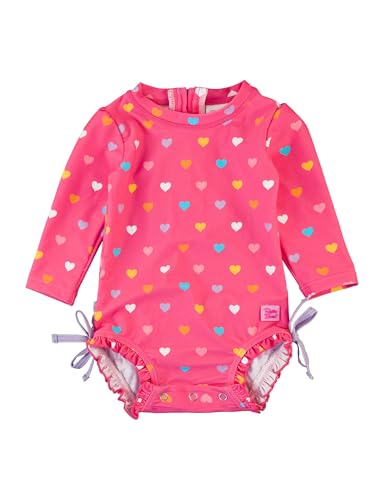 RuffleButts Baby Girls UPF 50 Sun Protection Polka Dot Long Sleeve One Piece Rash Guard Swimsuit with Zipper Colorful Hearts 1218m - Image 1