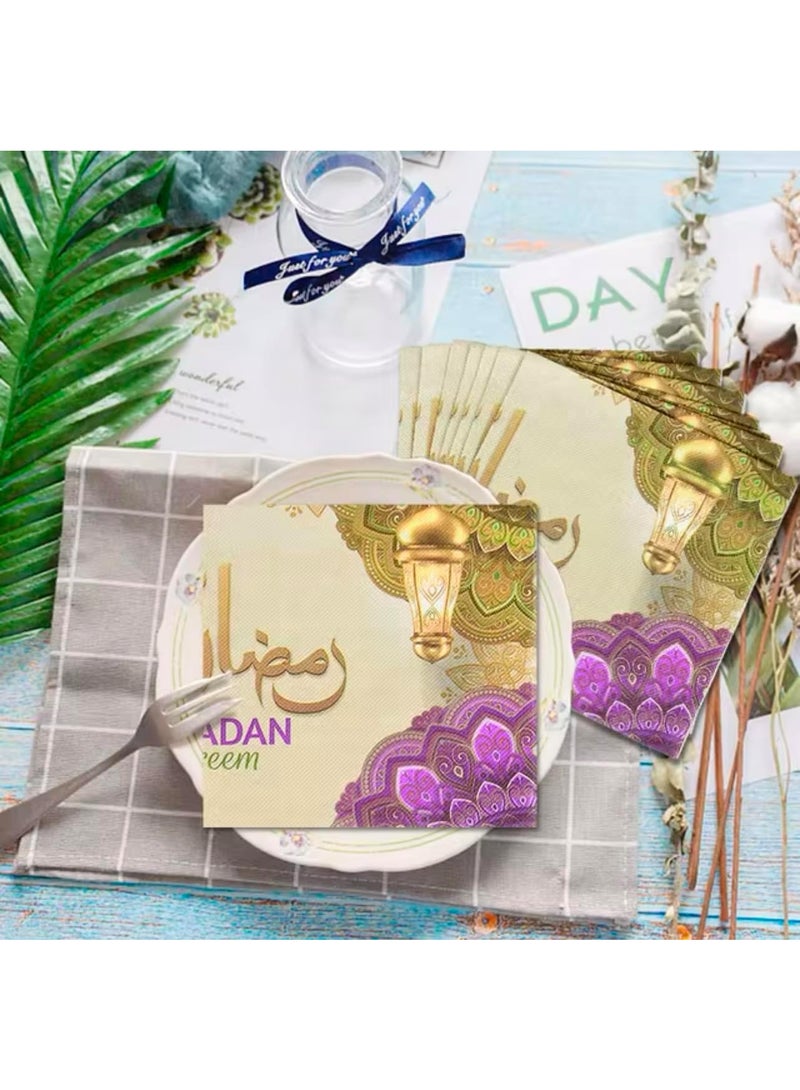 1 Pack of Ramadan Kareem Paper Napkins 20pcs, Golden Purple Festive Tableware Disposable Tissues for Iftar Party Eid Al Fitr Table Decoration - Image 2