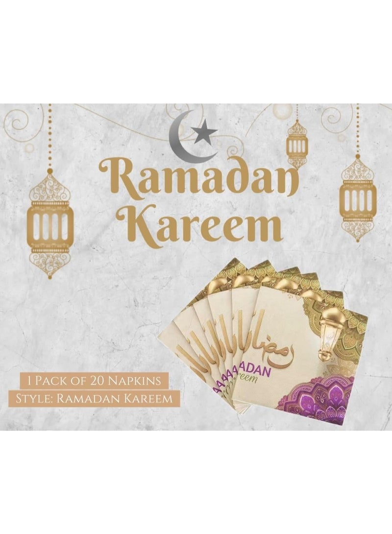 1 Pack of Ramadan Kareem Paper Napkins 20pcs, Golden Purple Festive Tableware Disposable Tissues for Iftar Party Eid Al Fitr Table Decoration - Image 3