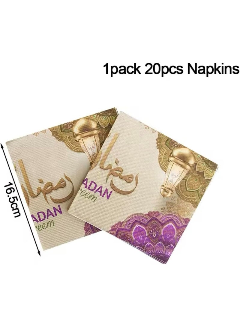 1 Pack of Ramadan Kareem Paper Napkins 20pcs, Golden Purple Festive Tableware Disposable Tissues for Iftar Party Eid Al Fitr Table Decoration - Image 4