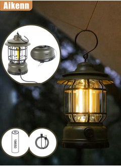 Aikenn Retro Camping Lantern Portable Camping Light Rechargeable IPX4 Waterproof Camping Lamp Hanging Dimmable COB Brightness Tent Light for Outdoor Hiking Garden Fishing Emergency Dark Green  - Image 1
