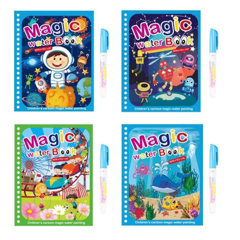 NSR Group (Pack of 4) Magic Water Coloring Doodle Book & Magic Pen Reusable Magic Water Quick Dry Book Water Coloring Book Doodle Painting Board for Children Education Drawing Pad - Image 1