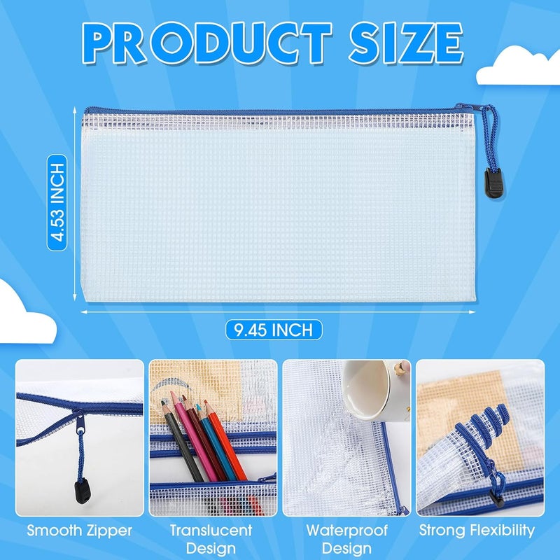 Handepo 100 Pack Mesh Zipper Pouch Pencil Pouches Bulk Clear File Bag Waterproof Document Pouch Multipurpose for Storage Office Travel Puzzle Game (A6/9.45x4.53in,White Pouch Blue Zipper) - Image 2