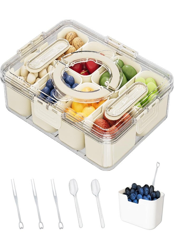 Crastilior Large Divided Serving Tray with lid and handle Travel snack container Portable snackle box container for fruit, Party, Picnic -10 compartment with 3 forks and 2 spoons - Image 1