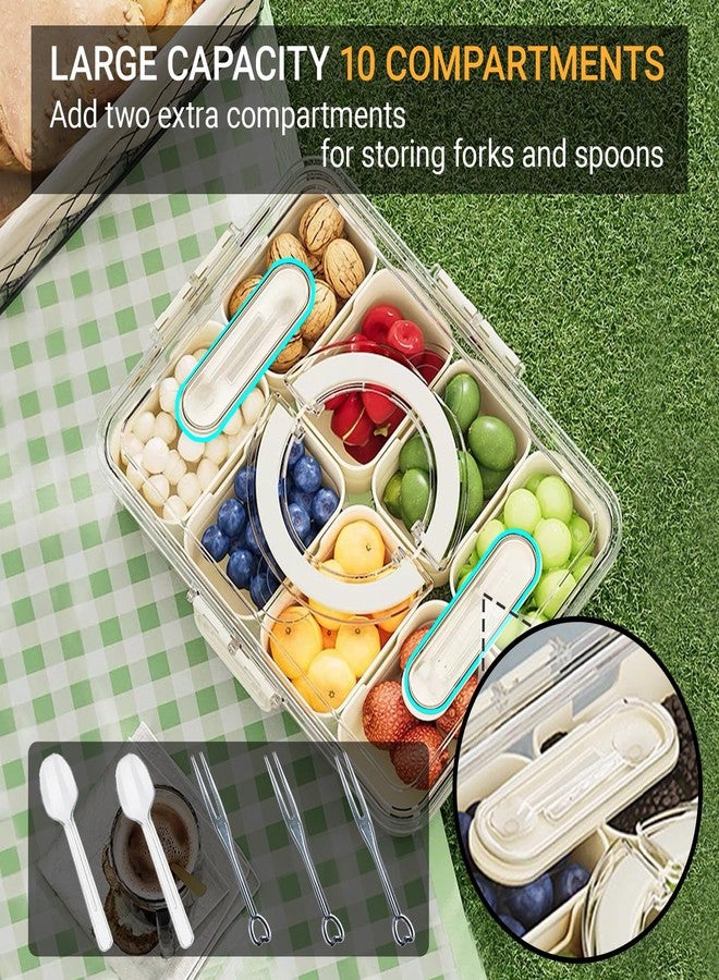 Crastilior Large Divided Serving Tray with lid and handle Travel snack container Portable snackle box container for fruit, Party, Picnic -10 compartment with 3 forks and 2 spoons - Image 2