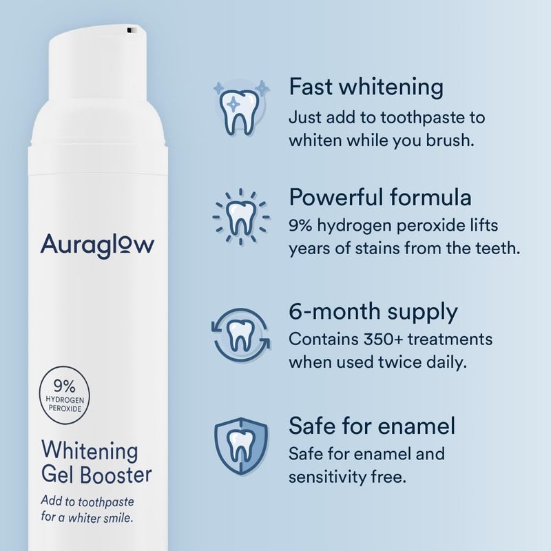 Auraglow Whitening Toothpaste Booster, Add to Toothpaste to Whiten, 9% Hydrogen Peroxide Teeth Whitening Gel Toothpaste, 350+ Whitening Treatments, 6-Month Supply, 2.6oz - Image 3