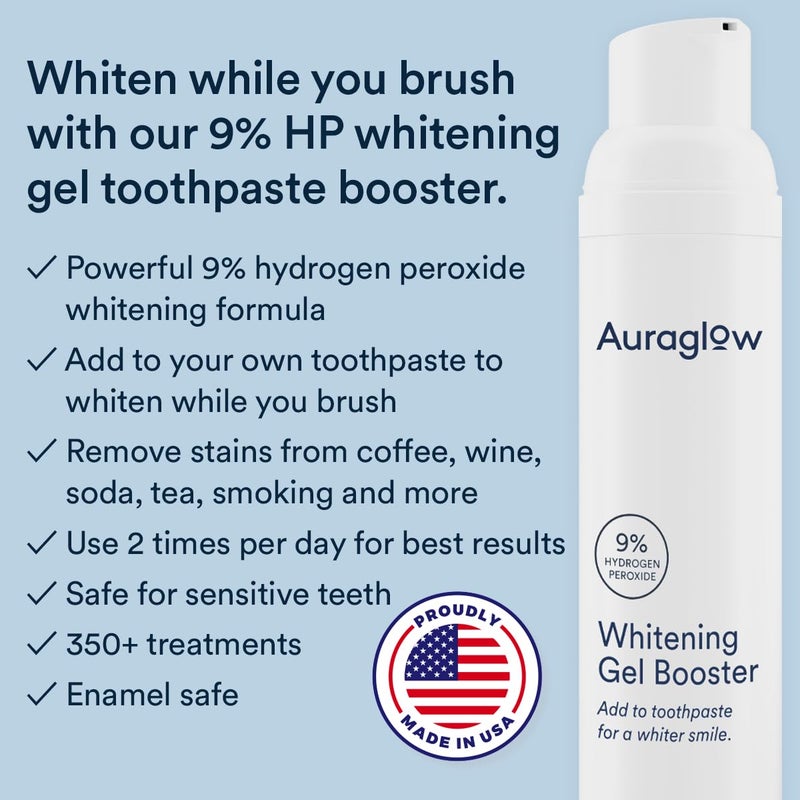 Auraglow Whitening Toothpaste Booster, Add to Toothpaste to Whiten, 9% Hydrogen Peroxide Teeth Whitening Gel Toothpaste, 350+ Whitening Treatments, 6-Month Supply, 2.6oz - Image 2