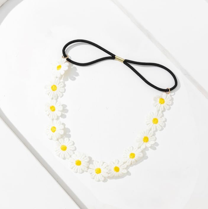 BeeSpring Daisy Flower Headband Sunflower Crown Hair Wreath Bohemian Floral Headpiece for Spring Tourism Wedding Festivals Party (White) - Image 3