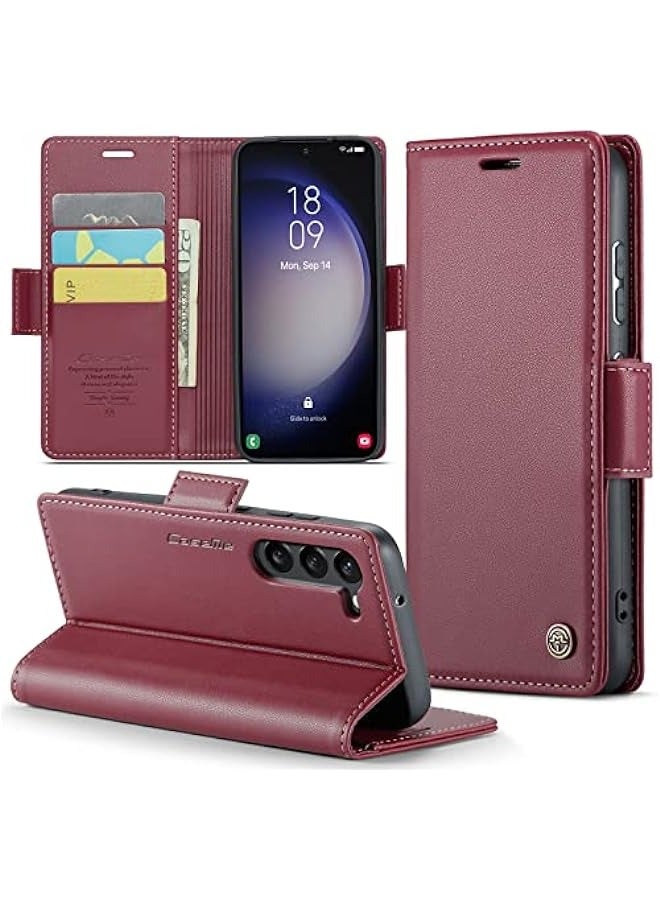 حافظة جلدية مطوية باللون الأحمر لهاتف Samsung Galaxy S23+ Plus 5G بشاشة 6.6 بوصة، تحتوي على حامل للبطاقات يمنع التقنية اللاسلكية RFID وحامل مغناطيسي للوقوف. - Image 1