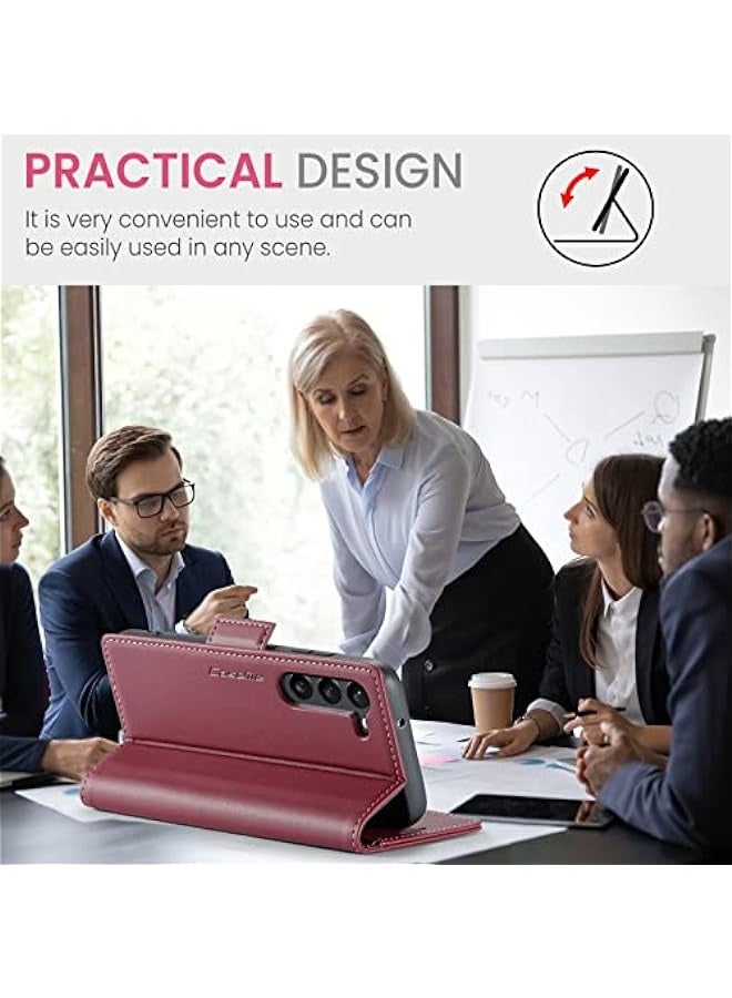 حافظة جلدية مطوية باللون الأحمر لهاتف Samsung Galaxy S23+ Plus 5G بشاشة 6.6 بوصة، تحتوي على حامل للبطاقات يمنع التقنية اللاسلكية RFID وحامل مغناطيسي للوقوف. - Image 4