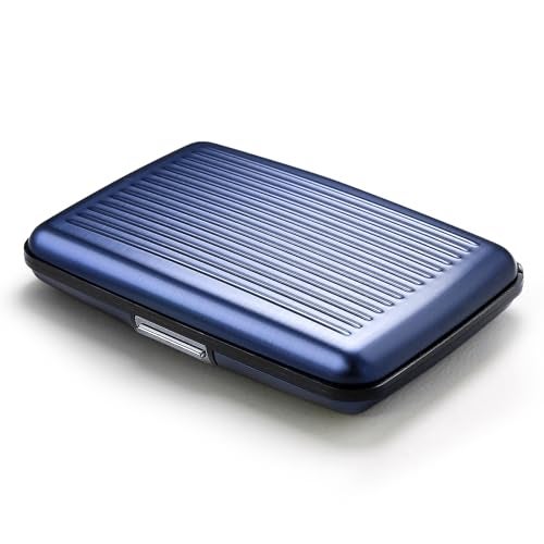 ÖGON -DESIGNS- Aluminum card holder with metal lock, RFID protection against fraud and demagnetization, compact wallet, Smart Case STOCKHOLM model (Aluminum Navy Blue) - Image 1