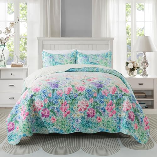 Travan Floral Quilt King Quilt Bedding Set, Ultra Soft & Fade Resistant King Size Quilt Set with 1 Quilt Set and 2 Shams Purple Quilt for All Season, Dream Garden-Purple, King - Image 1