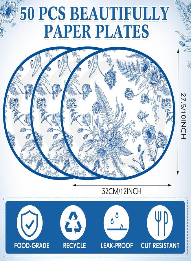 Funnymoom 50 Pcs Blue Floral Oval Paper Plates for Baby Bridal Shower Party Supplies 10" x 12" Floral Disposable Plates Vintage Dinner Serving for Wedding Birthday Bridal Tea Party Supplies - Image 3