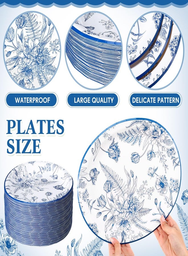 Funnymoom 50 Pcs Blue Floral Oval Paper Plates for Baby Bridal Shower Party Supplies 10" x 12" Floral Disposable Plates Vintage Dinner Serving for Wedding Birthday Bridal Tea Party Supplies - Image 2