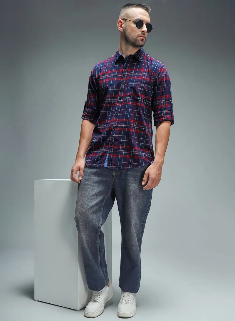 هاي ستار Red Standard Tartan Checked Casual Shirt for Men