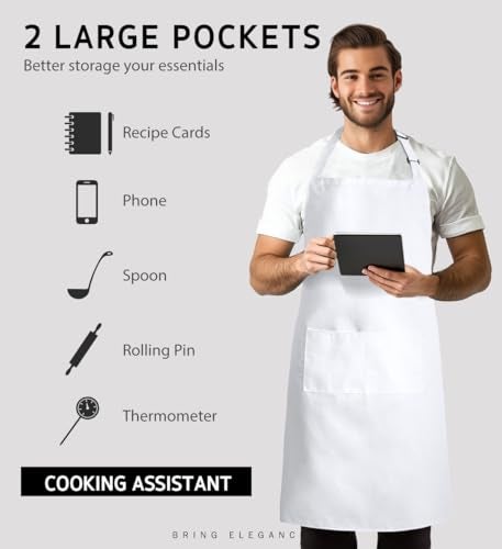 Syntus 2 Pack 100% Cotton Adjustable Bib Apron 2 Pockets Cooking Kitchen Aprons for Women Men Chef, White - Image 4