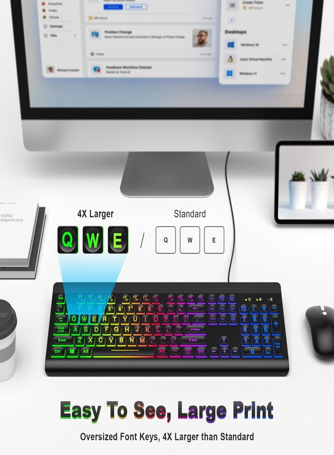 Atelus Large Print Backlit Keyboard, USB Wired Computer Keyboard, Full Size Keyboard with Rainbow Illuminated LED Compatible for Windows Desktop, Laptop, PC, Gaming, Black - Image 2