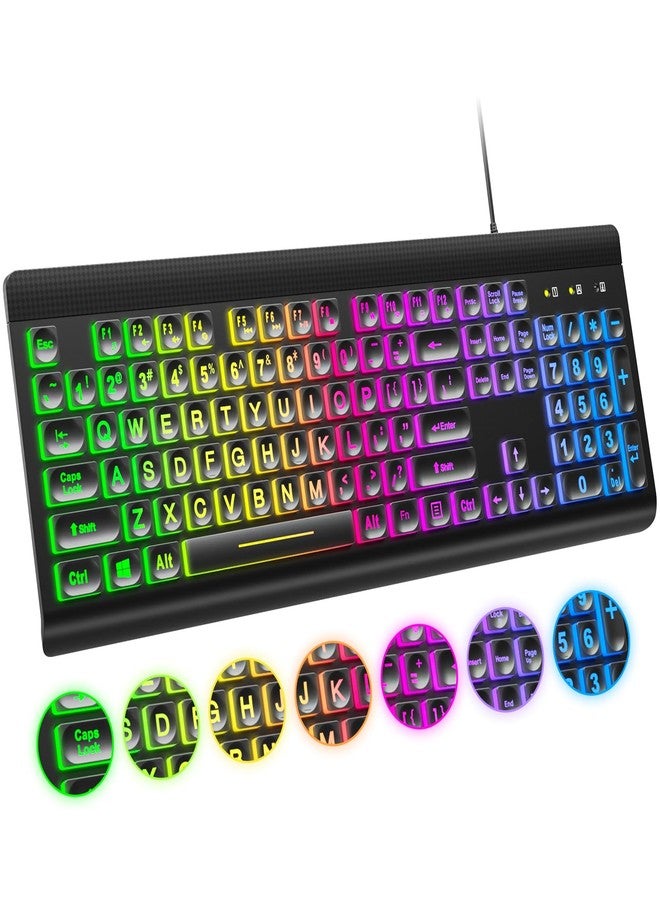 Atelus Large Print Backlit Keyboard, USB Wired Computer Keyboard, Full Size Keyboard with Rainbow Illuminated LED Compatible for Windows Desktop, Laptop, PC, Gaming, Black - Image 1