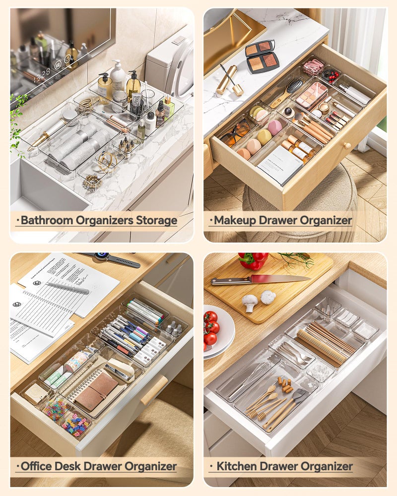 KEMETHY 25 PCS Plastic Drawer Organizers Set, 4 Sizes Vanity Organizer, Makeup and Desk Drawer Organizer Trays, Organization and Storage for Makeup, Bathroom, Kitchen Utensils and Office (Clear) - Image 4