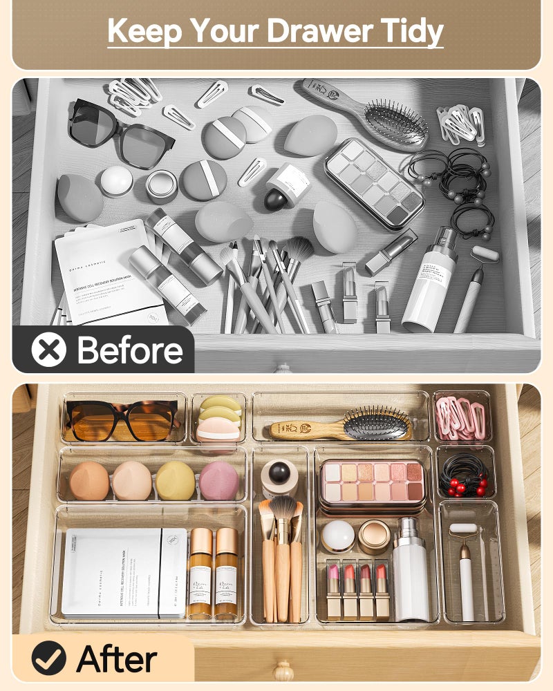 KEMETHY 25 PCS Plastic Drawer Organizers Set, 4 Sizes Vanity Organizer, Makeup and Desk Drawer Organizer Trays, Organization and Storage for Makeup, Bathroom, Kitchen Utensils and Office (Clear) - Image 3