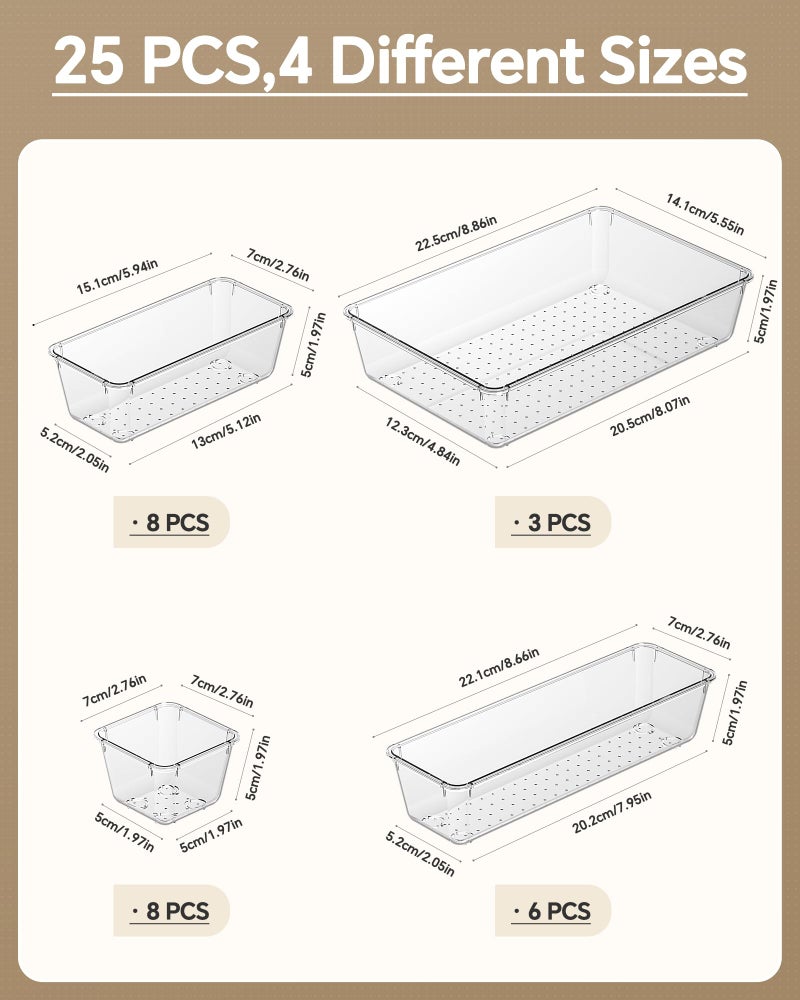 KEMETHY 25 PCS Plastic Drawer Organizers Set, 4 Sizes Vanity Organizer, Makeup and Desk Drawer Organizer Trays, Organization and Storage for Makeup, Bathroom, Kitchen Utensils and Office (Clear) - Image 2