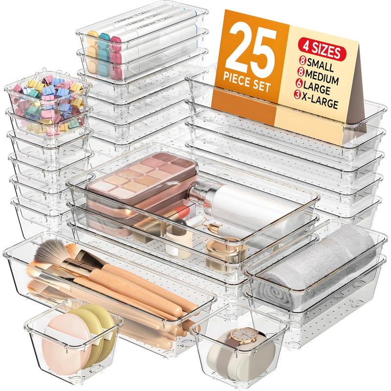 KEMETHY 25 PCS Plastic Drawer Organizers Set, 4 Sizes Vanity Organizer, Makeup and Desk Drawer Organizer Trays, Organization and Storage for Makeup, Bathroom, Kitchen Utensils and Office (Clear) - Image 1