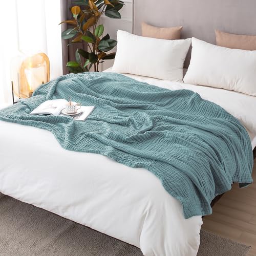 EMME Cotton Muslin Blanket King Size - Soft, Breathable Layering Bedspread Blanket, 108"x90", All Season Gauze, Teal - Image 5